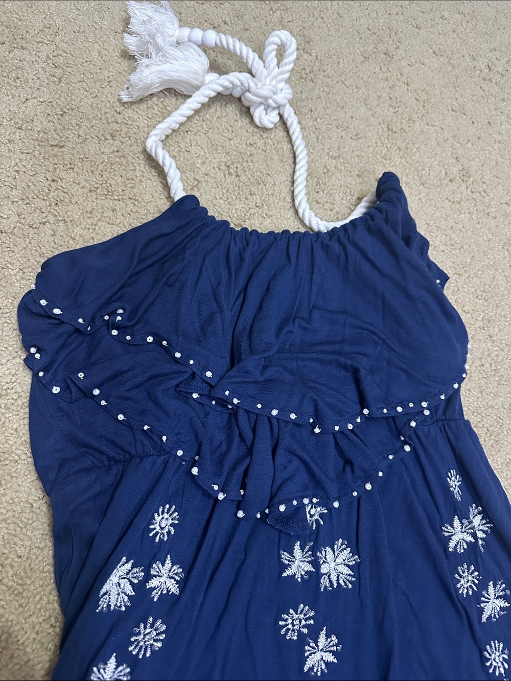 Letarte Handmade Navy Blue Embroidered Maxi Dress with Rope Halter NEW - Picture 6 of 8